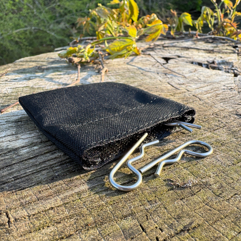 Black pin bag a wooden surface