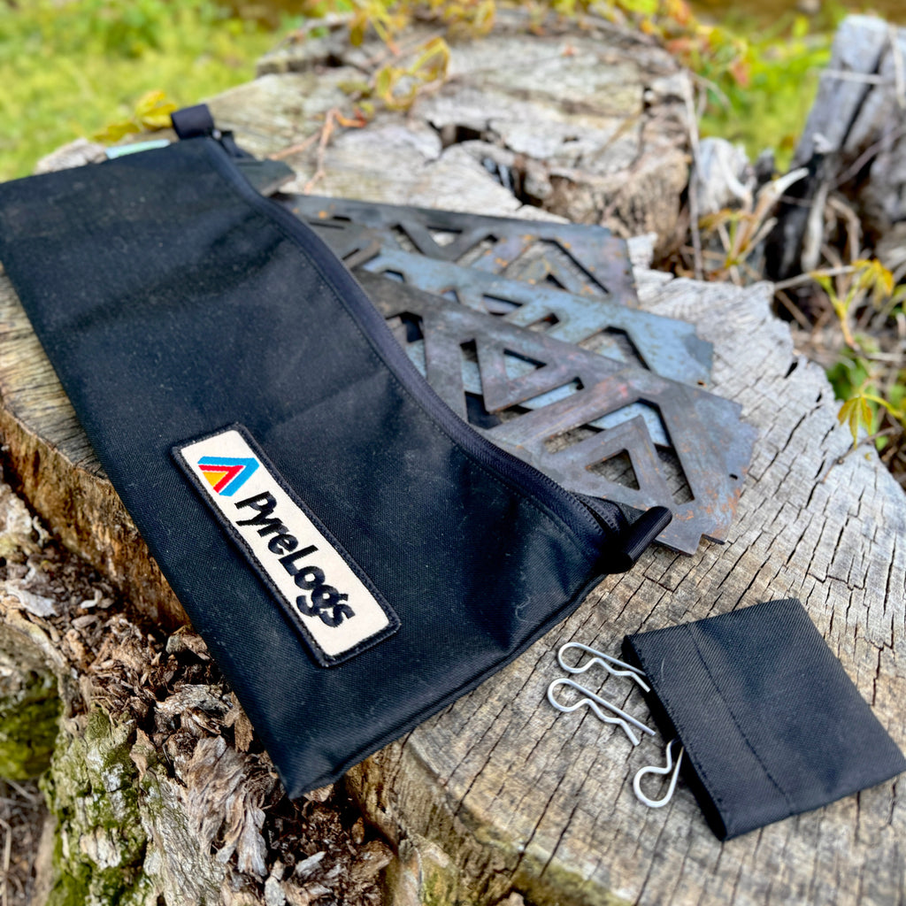 Black pouch with a brand logo on a log near a natural setting