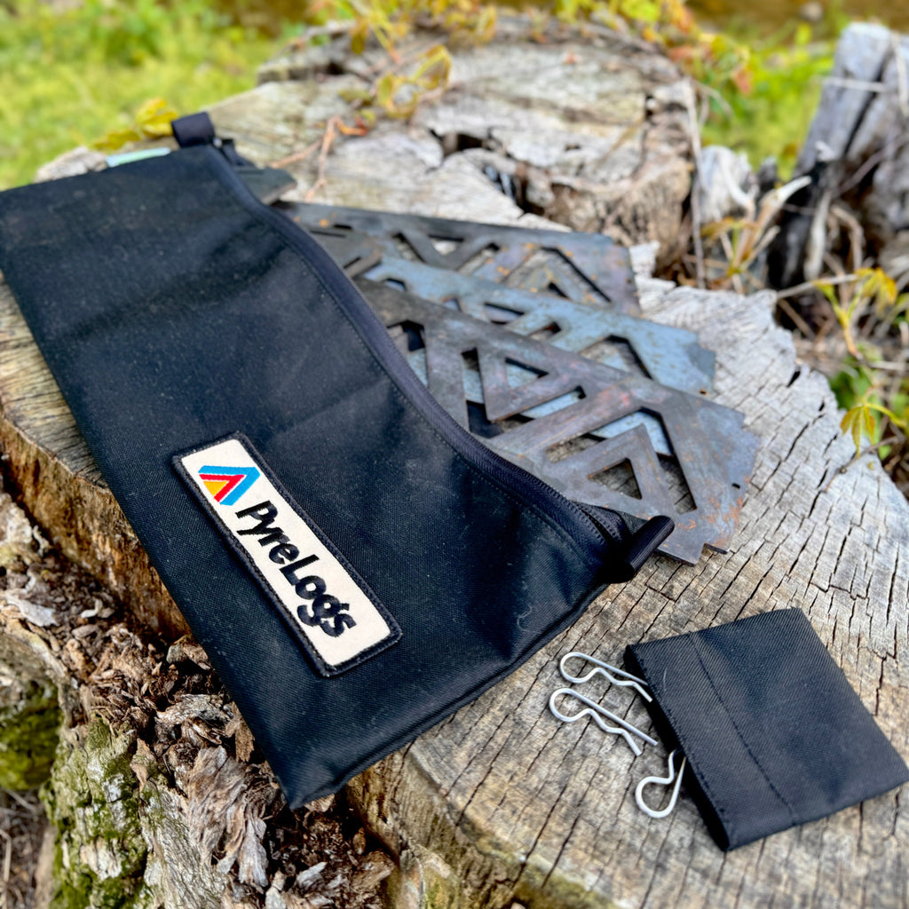 Black pouch with a brand logo on a log near a natural setting