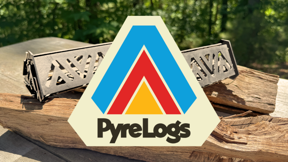 PyreLogs brand logo on a wooden background with fire pit tools.